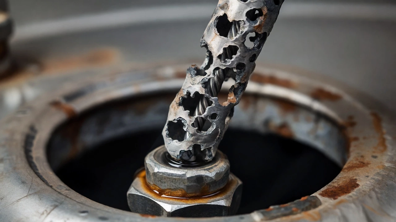 Heavily corroded anode rod pulled from a water heater tank