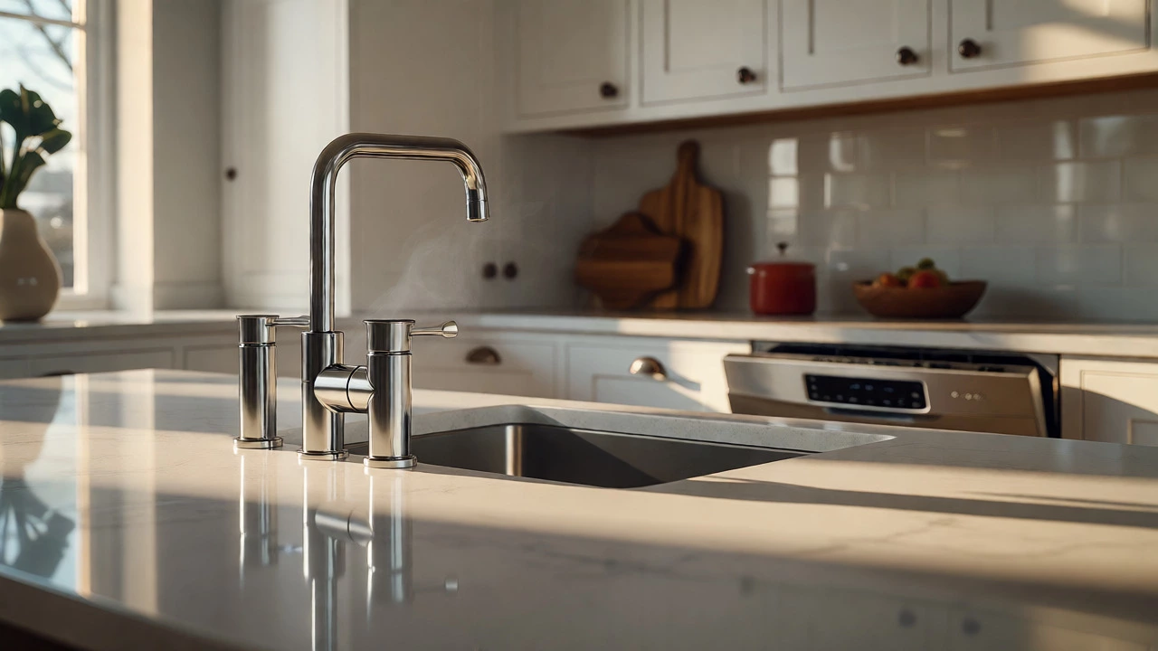 Kitchen counter with an air gap device and a dishwasher in the background.