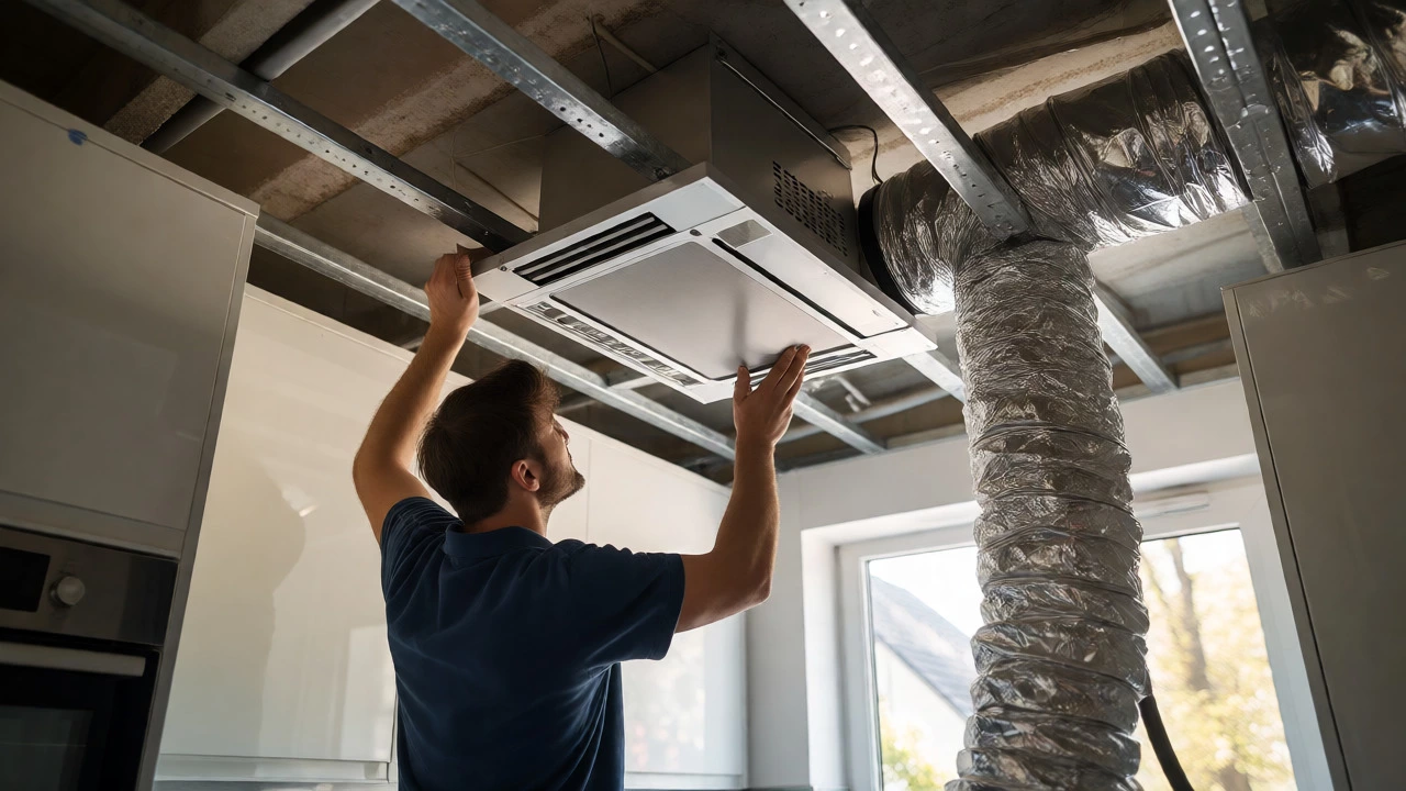 Professional installing a new extractor fan and ducting in a kitchen