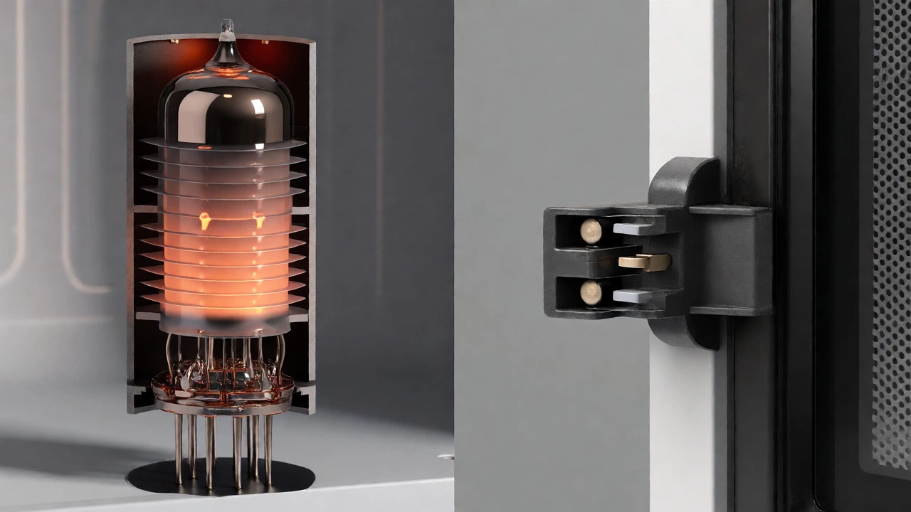 Split view showing a magnetron tube and worn door latch switches inside a microwave.
