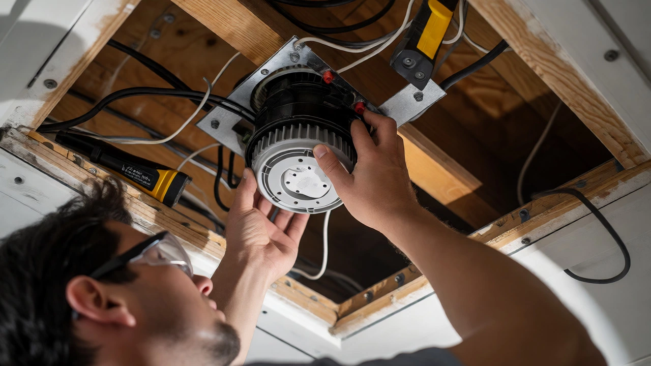 Technician replacing an extractor fan motor within a ceiling cavity