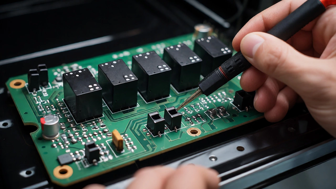 Technician testing voltage on an exposed oven control board circuit with a multimeter