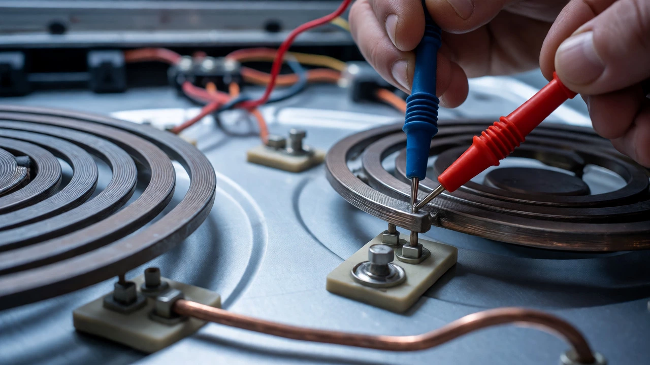 Testing an electric hob heating element with multimeter probes under the appliance.