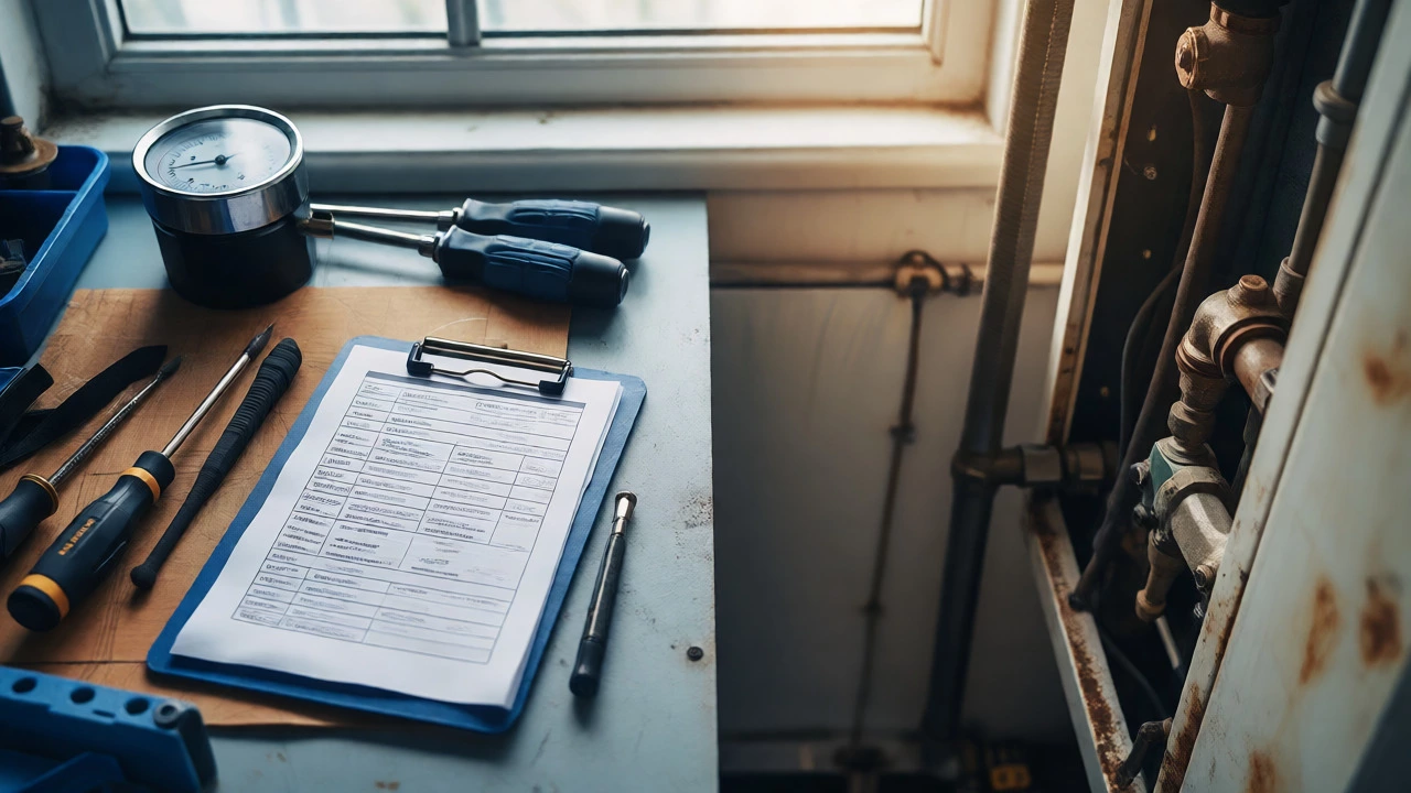 Tools and inspection report next to an aging boiler component ready for service.